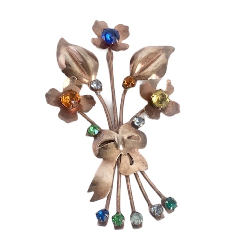 Art Deco Gold Vermeil Brooch Sterling Silver Flower Spray Pin Floral Rhinestone